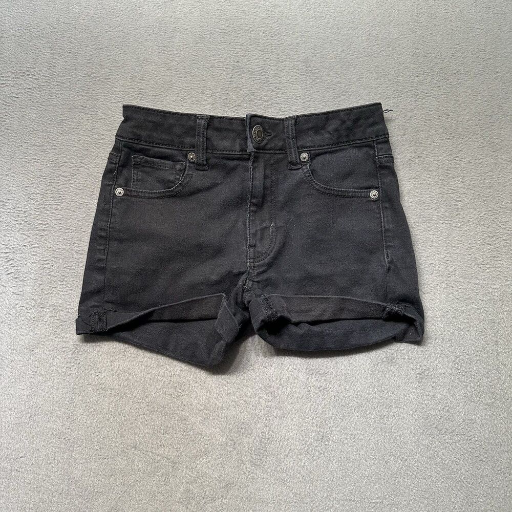 American Eagle Hi Rise Shortie Shorts Womens 0 Black Stretch Denim Beach EUC